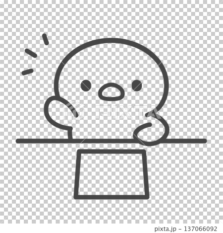 Hand-drawn line drawing of a chick raising its hand on a desk, prints, and documents 137066092