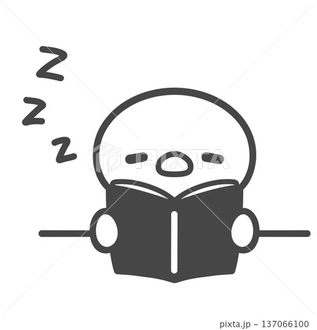 本を開いたまま寝るひよこの手書き線画イラスト 居眠り 勉強疲れ 徹夜 授業中 137066100