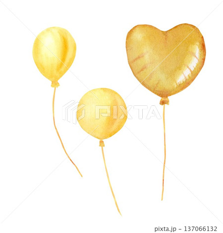 A collection of yellow balloons and a hand-drawn watercolor heart on an isolated background. A simple clip art gift or decoration for a party, date, reunion, birthday, or anniversary 137066132