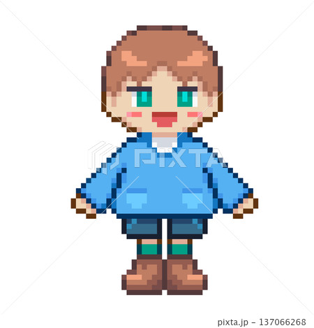 ドット絵の青の服を着た笑顔の男の子,透過背景 137066268
