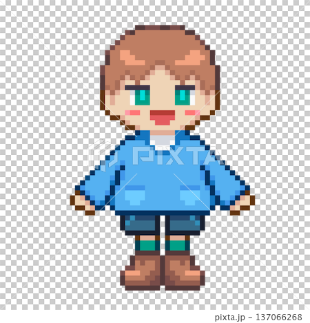 ドット絵の青の服を着た笑顔の男の子,透過背景 137066268
