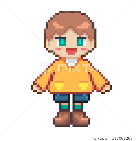 ドット絵の黄色の服を着た笑顔の男の子,透過背景 137066269