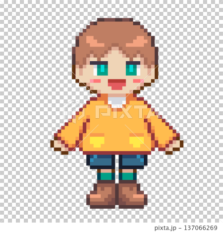ドット絵の黄色の服を着た笑顔の男の子,透過背景 137066269