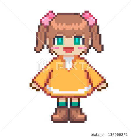 ドット絵の黄色のワンピースを着た笑顔の女の子,透過背景 ドット絵の黄色のワンピースを着た笑顔の女の子,透過背景 137066271