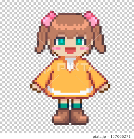 ドット絵の黄色のワンピースを着た笑顔の女の子,透過背景 ドット絵の黄色のワンピースを着た笑顔の女の子,透過背景 137066271