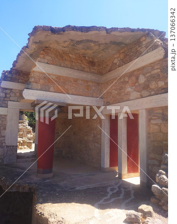 Red Columns of Knossos Palace Minoan Ruins in Crete Greece 137066342