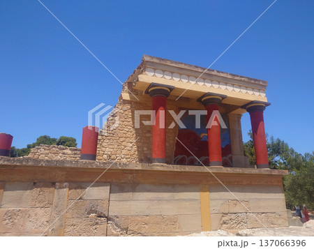 North Entrance of Knossos Palace with Red Columns in Crete Greece 137066396