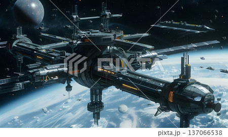惑星を周回する巨大未来型宇宙ステーション 137066538