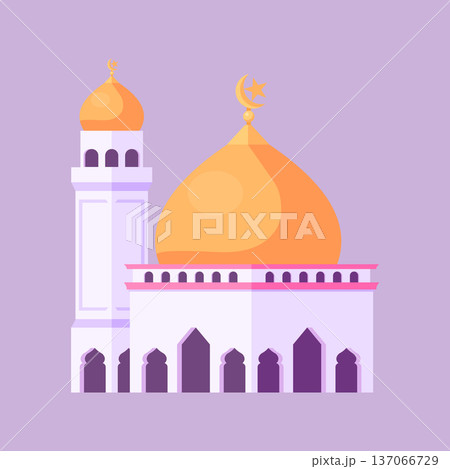 Flat Mosque Illustration with Golden Dome and Minaret Flat Mosque Illustration with Golden Dome and Minaret 137066729