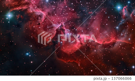 赤く輝くガス雲と新しい星が生まれる放射星雲 137066866