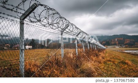 Barbed wire metal fence security boundary rural cloudy autumn grass landscape protection Barbed wire metal fence security boundary rural cloudy autumn grass landscape protection 137067580