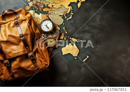 Brown backpack, pocket watch, compass and map on grunge background 137067851