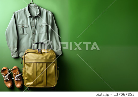 Luggage, shoes and jacket on green background. Travel concept. 137067853