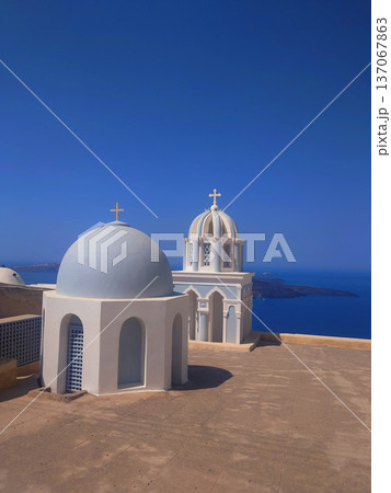 Santorini Church Landscape View in Greece 137067863