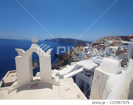 Santorini Bell Tower Cliff Landscape View, Greece 137067876