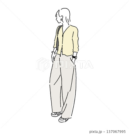 街歩きをするボブヘアの女性ファッションイラスト（ジップカーディガン×ワイドパンツ×スニーカー）街歩き 137067995