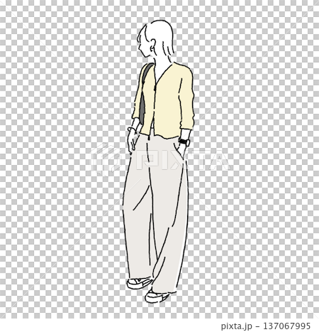 街歩きをするボブヘアの女性ファッションイラスト（ジップカーディガン×ワイドパンツ×スニーカー）街歩き 137067995
