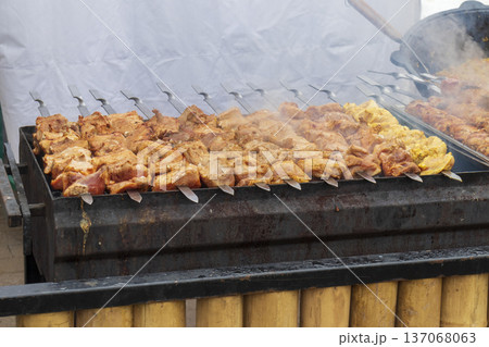 Shashlik, a popular dish of skewered and grilled meat originating from nomadic groups in the Caucasus and Central Asian regions Shashlik, a popular dish of skewered and grilled meat originating from nomadic groups in the Caucasus and Central Asian regions 137068063