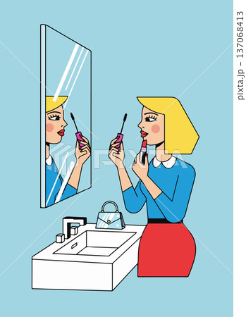 Woman Applying Makeup in the Mirror 137068413