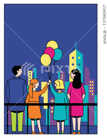 Family Gazing at City Skyline with Balloons Family Gazing at City Skyline with Balloons 137068417