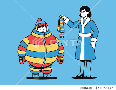 Woman Offering Scarf to Child in Winter Clothes 137068437