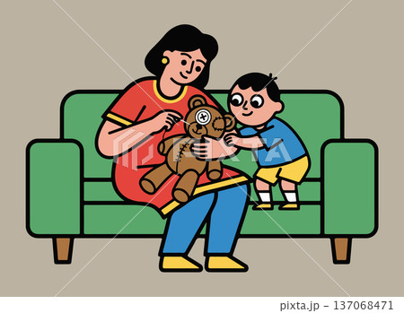 Mother Repairing Teddy Bear with Child Mother Repairing Teddy Bear with Child 137068471