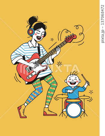 Girl playing guitar with boy on drums Girl playing guitar with boy on drums 137068472