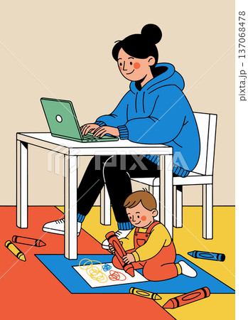 Working Mom with Child Drawing Working Mom with Child Drawing 137068478