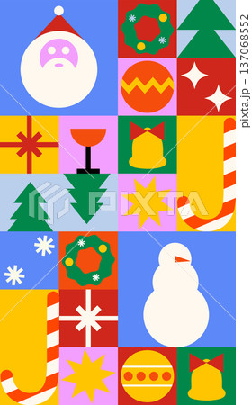 Christmas checkered pattern with geometric minimal holiday icons and simple shapes forms. Abstract background for Christmas and New Year holidays. Vertical video. 137068552