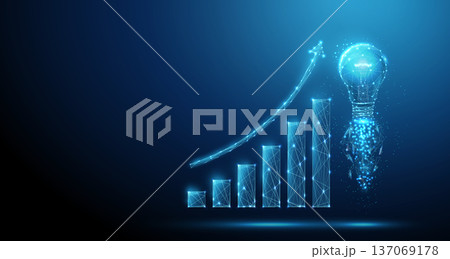 3d blue rising chart with flying light bulb. Business growth, innovation acceleration, startup success concept, breakthrough strategy, smart investment growth concept 3d blue rising chart with flying light bulb. Business growth, innovation acceleration, startup success concept, breakthrough strategy, smart investment growth concept 137069178