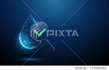 3d blue water drop under magnifying glass with green check mark. Water quality analysis, purity testing, environmental monitoring, laboratory verification concept. 3d blue water drop under magnifying glass with green check mark. Water quality analysis, purity testing, environmental monitoring, laboratory verification concept. 137069182