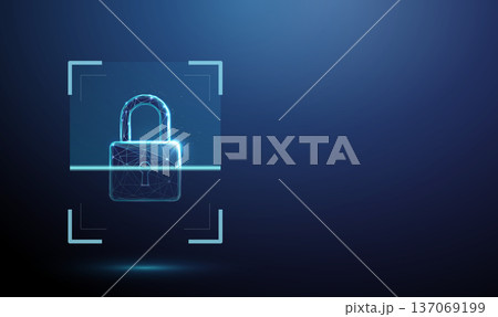 3d padlock inside digital scanning frame. Vulnerability detection, access control verification, cybersecurity monitoring, threat assessment, encryption inspection concept 137069199