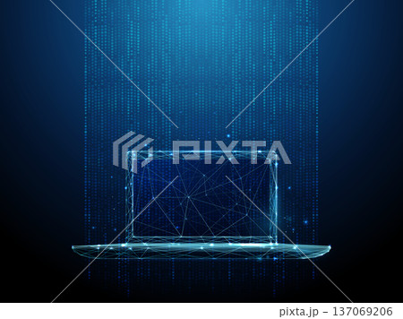 3d laptop in vertical stream of data points. Digital data visualization, information processing, cloud computing, high-tech workflow, technology interface, digital workspace concept. 137069206