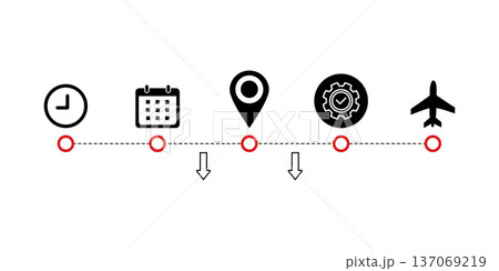 Travel Itinerary Timeline With Schedule Icons, Calendar, Map Pin, Clock and Airplane Travel Itinerary Timeline With Schedule Icons, Calendar, Map Pin, Clock and Airplane 137069219