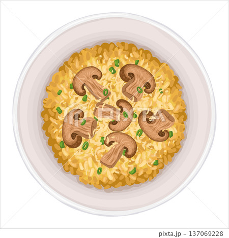 Mushroom risotto top view vector hand drawn illustration. Italian food with green onion and rice for mediterranean cafe menu and template. Isolated dish drawing design perfect for delivery graphic. Mushroom risotto top view vector hand drawn illustration. Italian food with green onion and rice for mediterranean cafe menu and template. Isolated dish drawing design perfect for delivery graphic. 137069228