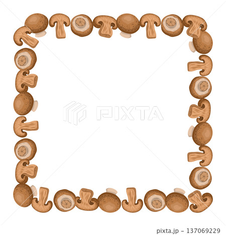 Champignon mushroom square frame vector food illustration. Hand drawn wreath with slice and whole fungi in natural style. Organic ingredient for restaurant menu design. Perfect for product packaging. Champignon mushroom square frame vector food illustration. Hand drawn wreath with slice and whole fungi in natural style. Organic ingredient for restaurant menu design. Perfect for product packaging. 137069229