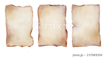 Set of old piece of paper with a blank space for an inscription. Ancient parchment with uneven burnt edges for theme parties,cards. Hand drawn watercolor illustration isolated on white. Set of old piece of paper with a blank space for an inscription. Ancient parchment with uneven burnt edges for theme parties,cards. Hand drawn watercolor illustration isolated on white. 137069304