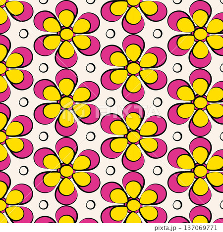 Retro groovy daisy flower seamless pattern in 70s style. Retro groovy daisy flower seamless pattern in 70s style. 137069771