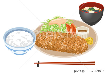 ご飯と味噌汁が付いたトンカツ定食のイメージイラスト 137069833