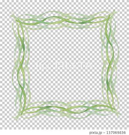 Watercolor green wavy blade grass square border on isolated background. Spring plants frame with copy space for text. Microgreen shoots template for label, greeting card, invitation. 137069836