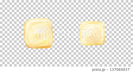 Two yellow butter cubes watercolor illustration clip art on isolated background. Natural creamy margarine portion or cheese slices set. Breakfast ingredient for food packaging, cookbooks, menu. 137069837