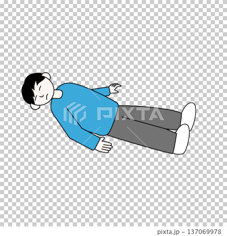 一幅年輕男子仰躺著、昏迷不醒、正在睡覺的全身插圖。 137069978