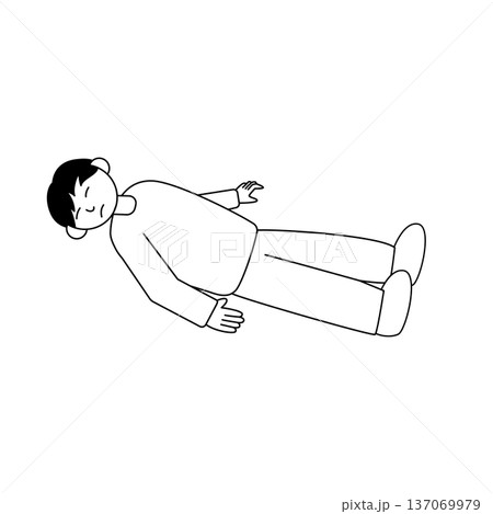 仰向けに倒れて眠る男性のモノクロ線画の全身イラスト 137069979