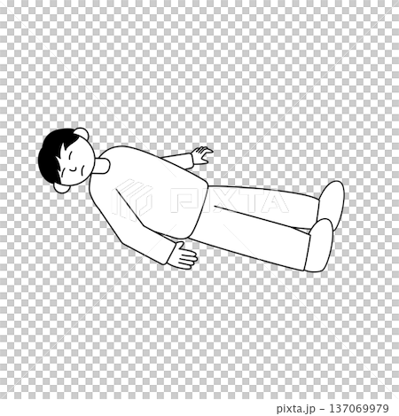 仰向けに倒れて眠る男性のモノクロ線画の全身イラスト 137069979