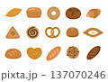 Set of yeast pastries, different types. Black and white bread, rolls with chocolate and cinnamon, meat pies, khachpuri. Vector illustration. 137070246