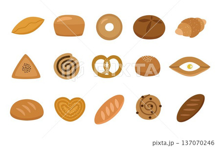 Set of yeast pastries, different types. Black and white bread, rolls with chocolate and cinnamon, meat pies, khachpuri. Vector illustration. Set of yeast pastries, different types. Black and white bread, rolls with chocolate and cinnamon, meat pies, khachpuri. Vector illustration. 137070246