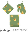 Set of kitchen potholders and towels with a bright spring print. Vector illustration. 137070250
