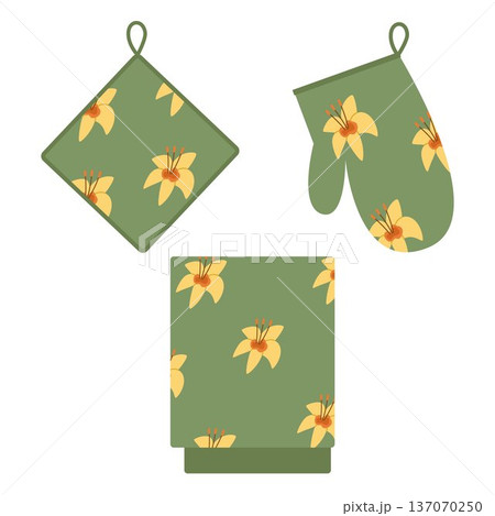 Set of kitchen potholders and towels with a bright spring print. Vector illustration. Set of kitchen potholders and towels with a bright spring print. Vector illustration. 137070250