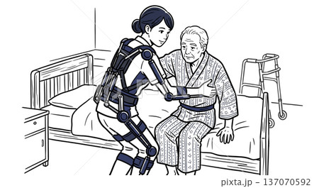 介護用パワースーツを着用した介護士と高齢者 イラスト素材 移乗介助 装着型ロボット 線画 福祉機器  137070592