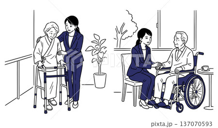 介護と高齢者サポート イラスト素材 歩行補助 車椅子 会話 見守り 2シーン 介護施設 福祉 家族 137070593